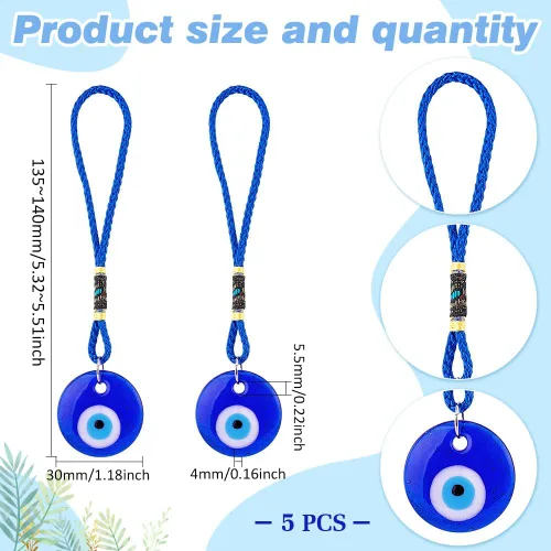 Vista 2 de 5 piezas de adorno colgante azul de ojo turco para coche, colgante de cristal colgante de coche de buena suerte, amuleto turco griego, accesorio