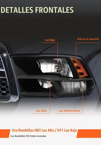 Vista 4 de Juego de faros delanteros 2009-2018 Dodge Ram 1500, 2010-2018 Dodge Ram 2500/3500 estilo cuádruple y doble con carcasa negra y reflector ámbar