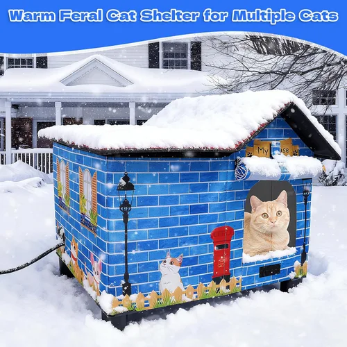 Vista 7 de Casa Grande con Calefacción para Gatos de Exterior, Casa Elevada para Gatos al Aire Libre Resistente a la Intemperie con Almohadilla Térmica