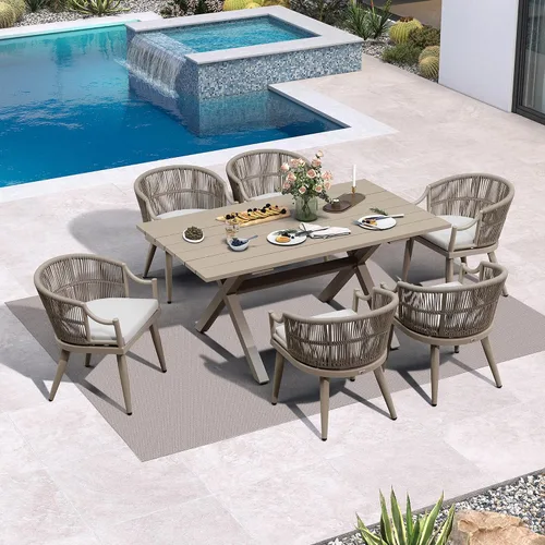 Vista 3 de PURPLE LEAF Juego de comedor de patio para 6 respaldos ergonómicos y cojín Champán