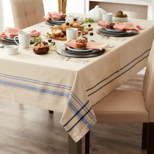 Vista 5 de DII - Mantel redondo para mesa de comedor, estilo rústico, colección de manteles con rayas estilo francés, 177.8 cm de diámetro, color gris Gris