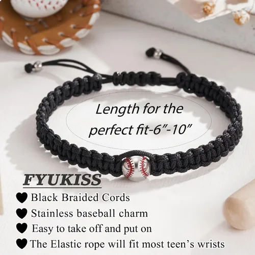 Vista 4 de FYUKISS Regalos de Béisbol, Fútbol y Sóccor, Brazaletes Trenzados Ajustables de Béisbol para Ideas de Regalo para Adolescentes con Tarjeta de Mensaje