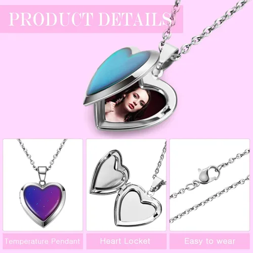 Vista 6 de Valentines Heart Mood Locket Necklace Kid Locket Color Changing Necklace Photo Pendant Temperature Sensing Mood Necklace Stainless Steel Love