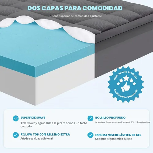 Vista 2 de MASVIS Cubrecolchón de espuma viscoelástica de doble capa de 4 pulgadas, tamaño individual, espuma viscoelástica de gel de 2 pulgadas y almohada