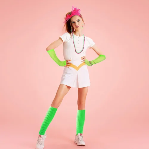 Vista 5 de 80s Costume Accessories for Women 80s Costume with Lace Neon Headband Earrings Fishnet Gloves Leg Warmers Necklace Bracelet