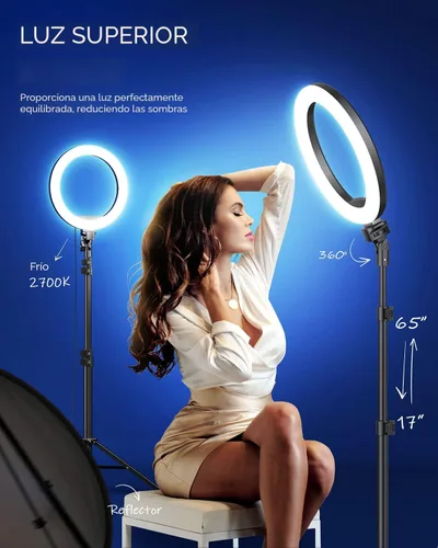 Vista 3 de Kaiess - Anillo de luz para selfie de 10.2 pulgadas con soporte de trípode ajustable de 65 pulgadas y soporte para teléfono para transmisión