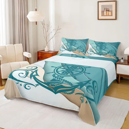Vista 17 de Erosebridal Juego de sábanas de ancla náutica, sábanas de brújula oceánica, tamaño individual para niños, adolescentes, adultos, decoración