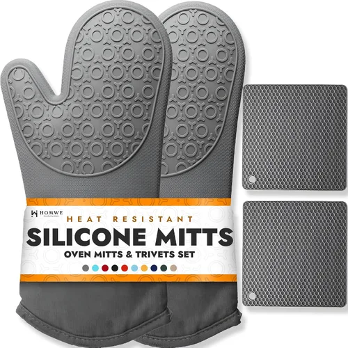 Vista 14 de HOMWE - Manopla de horno profesional y extralarga de silicona, guantes con forro acolchado, agarraderas resistentes al calor, guantes flexibles
