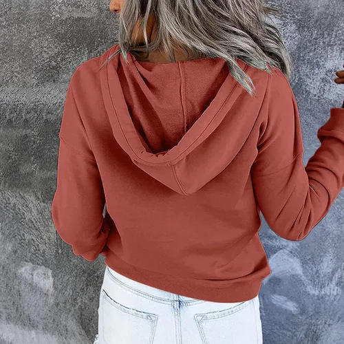 Vista 5 de Sudaderas de gran tamaño para mujer, cuello de botón, con cordón, casual, manga larga, con capucha, ropa de otoño