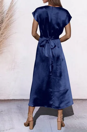 Vista 3 de PRETTYGARDEN Vestido midi de satén de verano 2023 para mujer, manga casquillo, lazo en la cintura, elegante, vestido acampanado