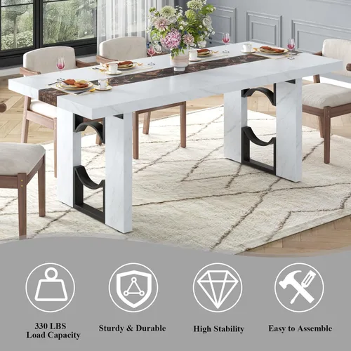Vista 11 de Mesa de comedor de 71 pulgadas para 6-8 personas, mesa de cocina rectangular grande con mesa de color mármol, mesa de comedor lujosa de 6 pies