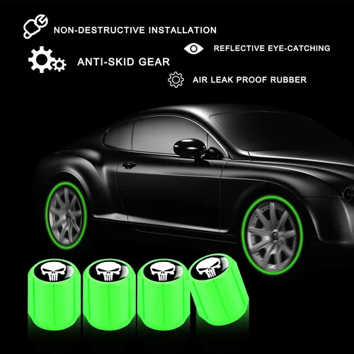 Vista 6 de Ajxn 4 tapas de vástago de válvula de neumático de automóvil, estampado de calavera, tapas de aire luminosas, universales para automóviles