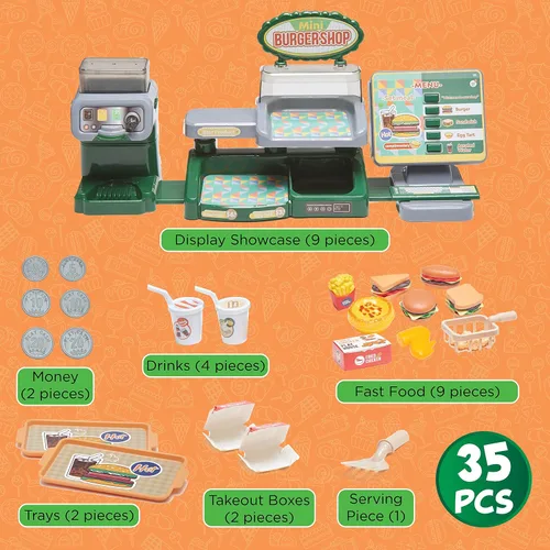 Vista 7 de Juego de hamburguesas con menú de juguete, juego de cocina para niños, soporte retro para comedor para niños, juego de cocina para niños pequeños