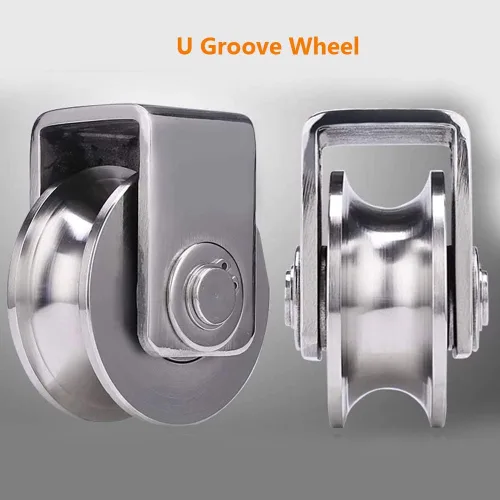 Vista 2 de U Groove 3in acero inoxidable resistente doble rodamiento rígido rueda de rodillo de puerta deslizante