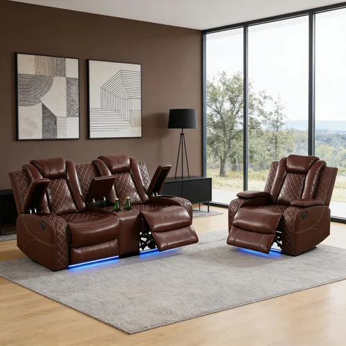 Vista 4 de Sofá reclinable individual eléctrico para muebles de sala de estar, silla reclinable de cuero con luces LED, puertos USB, almacenamiento oculto