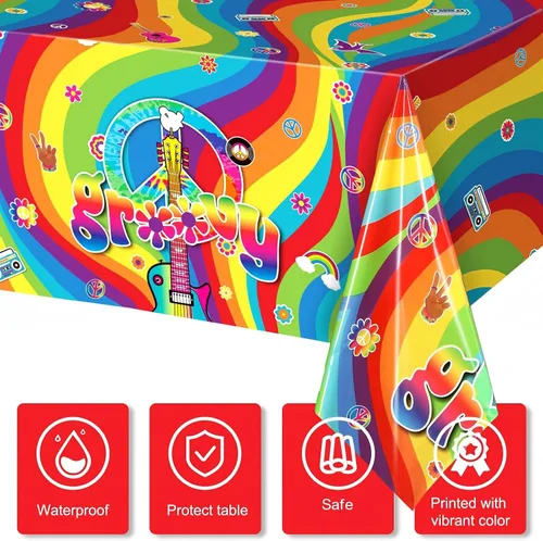 Vista 4 de Tiamon 3 manteles de plástico estilo hippie retro para mesa rectangular, decoraciones de fiesta de arco iris desechables para fiestas de los años 60