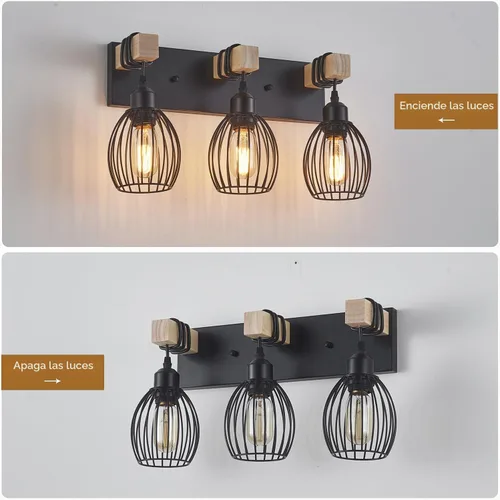 Vista 4 de Luz de tocador de granja de 3 luces para baño, aplique de pared de madera con elegante jaula en forma de lágrima, luces de tocador industriales