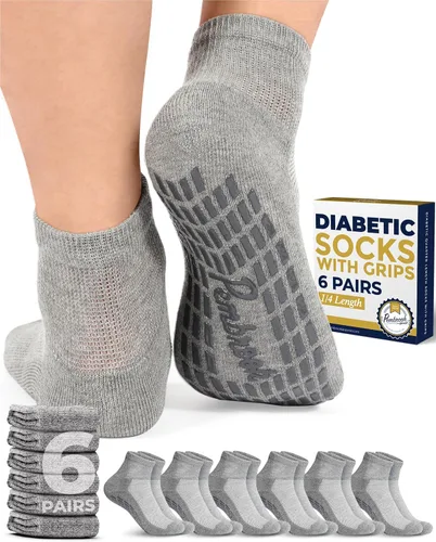 Vista 10 de Pembrook 6 pares de calcetines tobilleros diabéticos para hombres y mujeres con agarres, calcetines de neuropatía de 12 colores para hombres