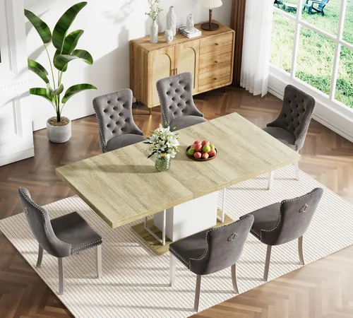 Vista 34 de Juego de mesa de comedor extensible marrón de 63 a 78.74 pulgadas para 4, juego de mesa de comedor de 5 piezas con 4 sillas, mesa de cocina