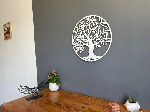 Vista 4 de DEKADRON Arte de pared de metal, árbol de la vida blanco, árbol genealógico de metal, silueta de pared de metal, decoración de pared de metal
