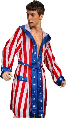 Vista 3 de NIHONCOS Disfraz de boxeo para hombre, bata de satén con bandera estadounidense con capucha, pantalones cortos, cinturón, capa de Halloween, disfraz