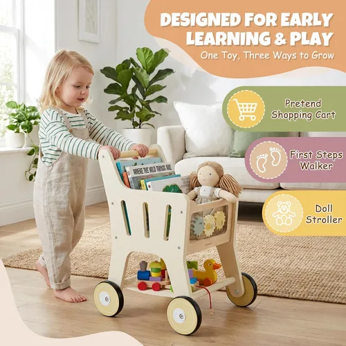 Vista 2 de Pithfor Carrito de compras de madera para niños, 3 en 1 caminante de madera para bebés, cochecito de muñeca de bebé, carrito de compras de juguete
