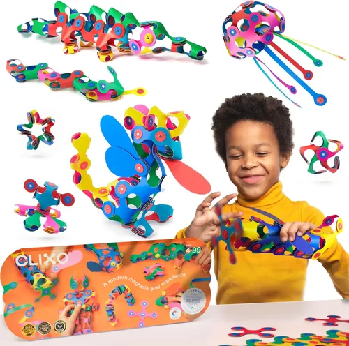 Vista 9 de Clixo Rainbow Pack, juguetes de construcción magnéticos flexibles para niños (42 unidades, 4+) Flexible Imagination STEM magnet toys for travel.