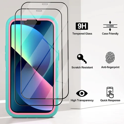 Vista 3 de Funda para iPhone 13 con 2 protectores de pantalla, resistente de grado militar, funda de cuerpo completo para hombres y mujeres (aguamarina + rosa)