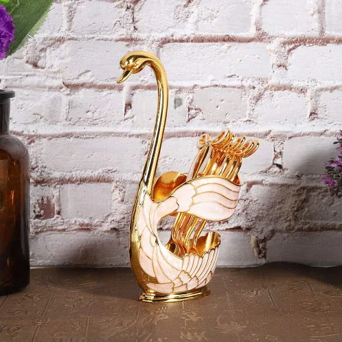 Vista 3 de Juego de cucharas de postre de café, elegante estante de almacenamiento de cucharas con forma de cisne, cucharas de postre de metal sólido