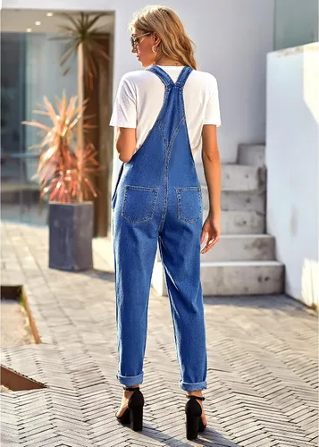 Vista 5 de LookbookStore - Overol de mezclilla elástico e informal para mujer, pantalones y pechera con bolsillos