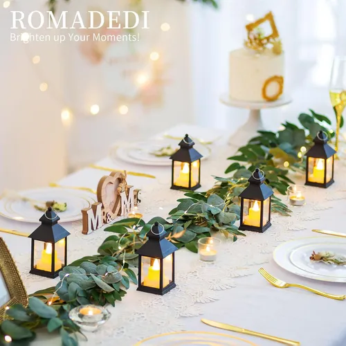 Vista 2 de Romadedi Mini Linternas Decorativas para Centro de Mesa - 10 Piezas de Linternas Pequeñas Negras Colgantes a Granel con Velas LED Parpadeantes