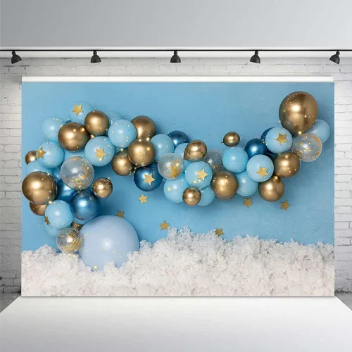 Vista 7 de MEHOFOND Fondo de fotografía de cumpleaños de niño de 7 x 5 pies para decoración de retratos, globos azules y dorados, globos azules y dorados