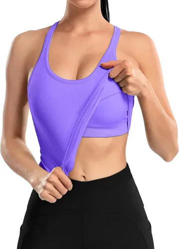 Vista 2 de ATTRACO Camiseta corta acanalada de entrenamiento para mujer con brasier integrado para yoga, espalda cruzada, ajuste ajustado