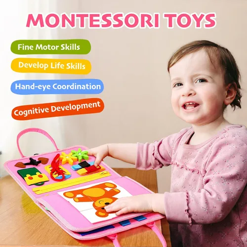 Vista 2 de Hooku Tablero de actividades para niños de 1 año, juguetes sensoriales Montessori para niños pequeños de 1 a 3 años, actividades de aprendizaje