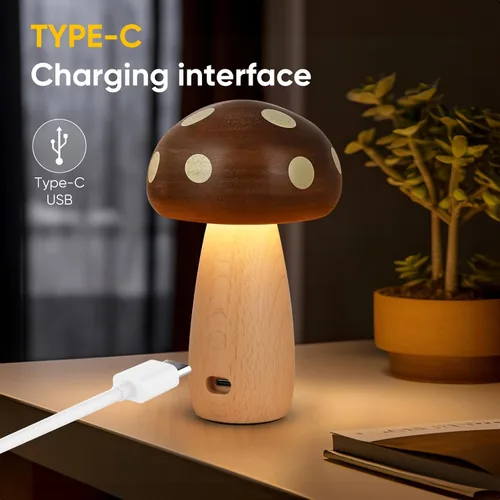 Vista 6 de LONRISWAY Paquete de 2 lámparas de mesa LED de madera con forma de hongo, lámparas pequeñas recargables inalámbricas táctiles, luz nocturna