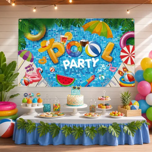 Vista 7 de Decoraciones de fiesta de verano en la playa, pancarta de fondo para fiesta de piscina de verano, suministros de decoración de fiesta de piscina, 72