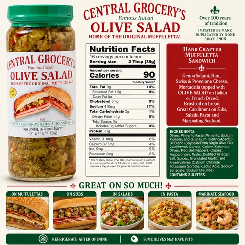 Vista 2 de Central Grocery Ensalada de Aceitunas - 16 oz (Paquete de 1) Perfecta para Muffulettas, Sándwiches, Coberturas de Pizza, Pastas, Aderezo para Hot