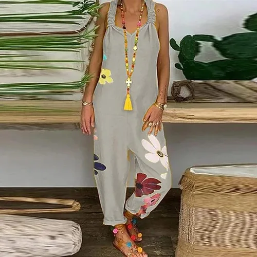 Vista 2 de MOBCTG Mono bohemio para mujer, estampado de moda, estilo retro, bohemio, holgado, casual, de lino, tallas S-5XL