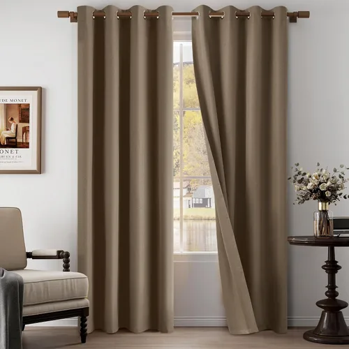 Vista 45 de Cortinas texturizadas de lino 100% opacas de 64 pulgadas de largo, juego de 2 paneles para granja, casa de campo, cortinas ligeras con ojales