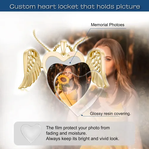 Vista 4 de SOULMEET Collar con medallón de corazón de ala de ángel que sostiene foto con colgante de medallón con texto en inglés "You Are My Angel", plata