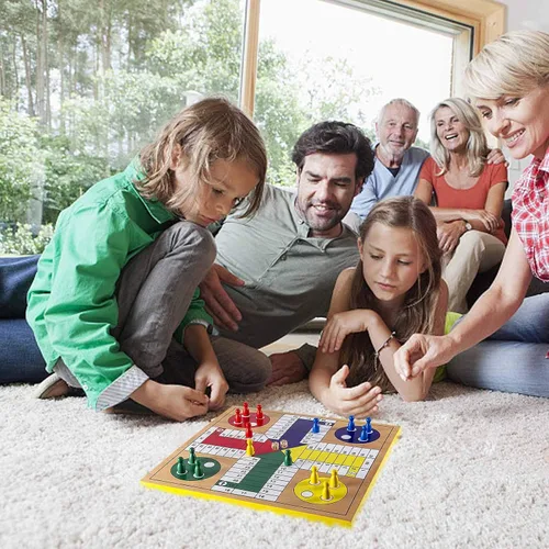 Vista 8 de AMEROUS Juego de mesa de ludo de madera de 12 pulgadas - Serpientes y escaleras, reversible 2 en 1, juego de dados familiar de 1-4 jugadores, juego