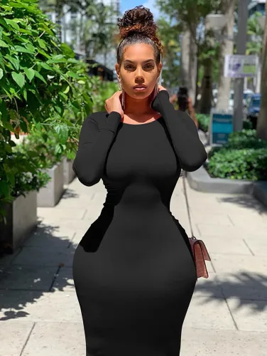 Vista 7 de Vestido sexi ceñido al cuerpo para mujer, vestido por debajo de la rodilla tipo lápiz, de manga larga y cuello redondo, para trabajo y oficina