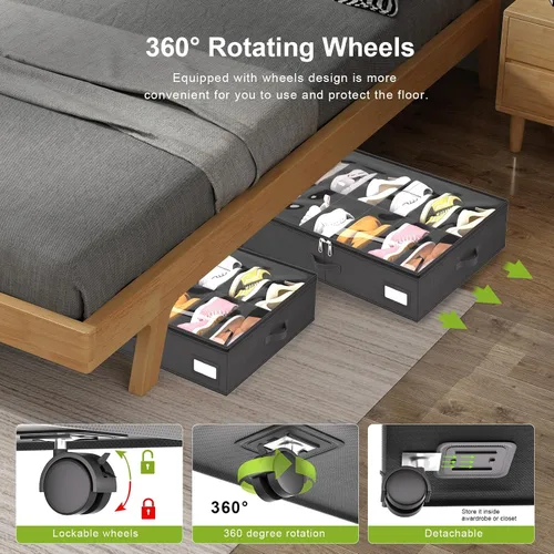 Vista 3 de homyfort Almacenamiento de zapatos debajo de la cama con ruedas, se adapta a 24 pares, organizador de zapatos rodante con soporte inferior y tapas