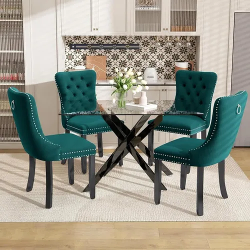 Vista 21 de Juego de mesa de comedor de 51 pulgadas de vidrio para 4, mesa de cocina rectangular de vidrio con 4 sillas tapizadas con acentos de terciopelo