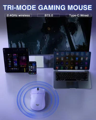 Vista 3 de AULA SC580X - Ratón inalámbrico para juegos, triple modo 2.4GBT5.0USB-C con 12000 DPI, 6 botones programables, mouse de computadora recargable