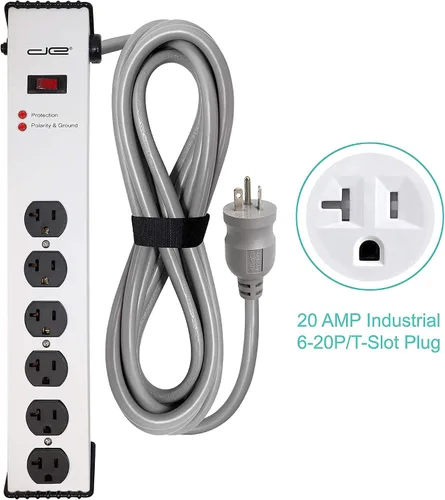Vista 3 de Enchufe de ranura de 20 amperios 6-20/T Cable de 6 pies - Protector de sobretensiones de 900 julios 6 tomas, regleta de alimentación de cuerpo
