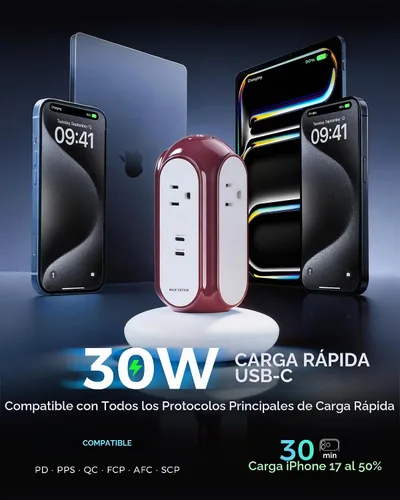 Vista 2 de Torre de regleta de alimentación de carga rápida USB-C 6 en 1 de 30 W, 4 Manzana roja