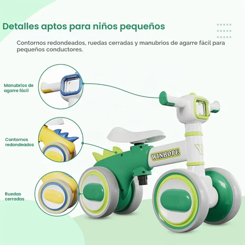 Vista 6 de WinHope Dinosaur Baby Balance Bike for 1 Year Old, Lights & Music Verde