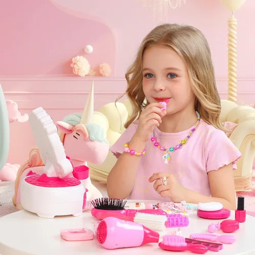 Vista 5 de VGOFUN Juguetes de peluquería para niñas, 27 piezas, juego de salón de belleza para niños, mini tocador con espejo y luz, secador de pelo