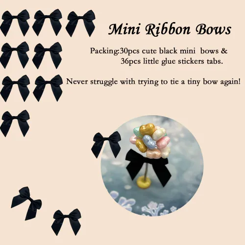 Vista 5 de CuteHook - Mini lazos de regalo de cinta de satén para manualidades, pequeño lazo adhesivo negro preatado para manualidades, costura, álbumes